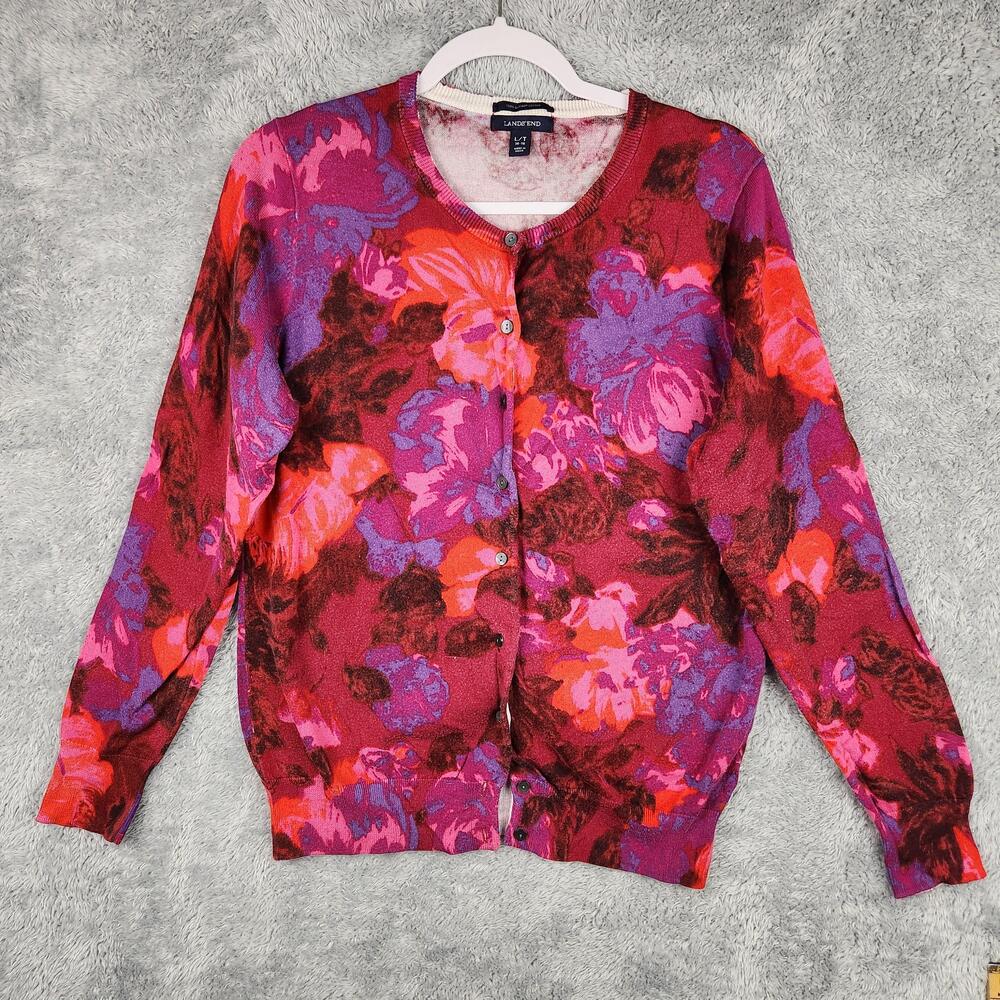 Lands End Cardigan Sweater Girls 14-16 Pink Purple Floral Supima Cotton Knit